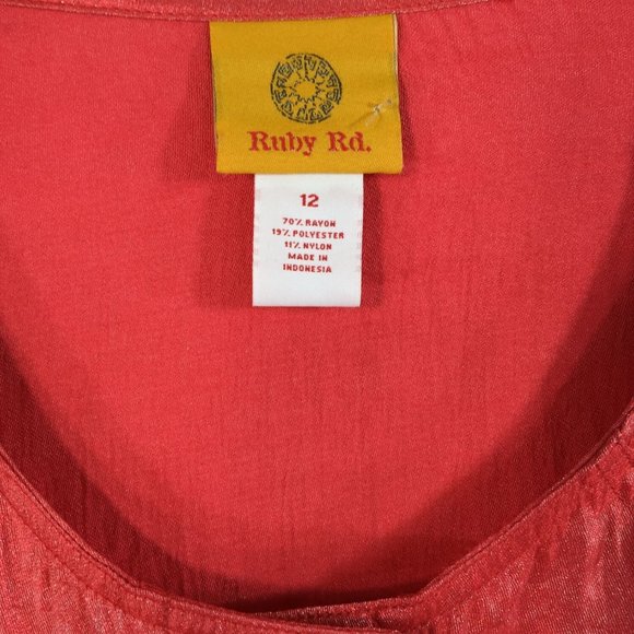 Ruby Rd Shirt Blouse Size 12 Melon 3/4 Roll Tab Sleeves Shimmery Elastic Waist - Picture 8 of 8